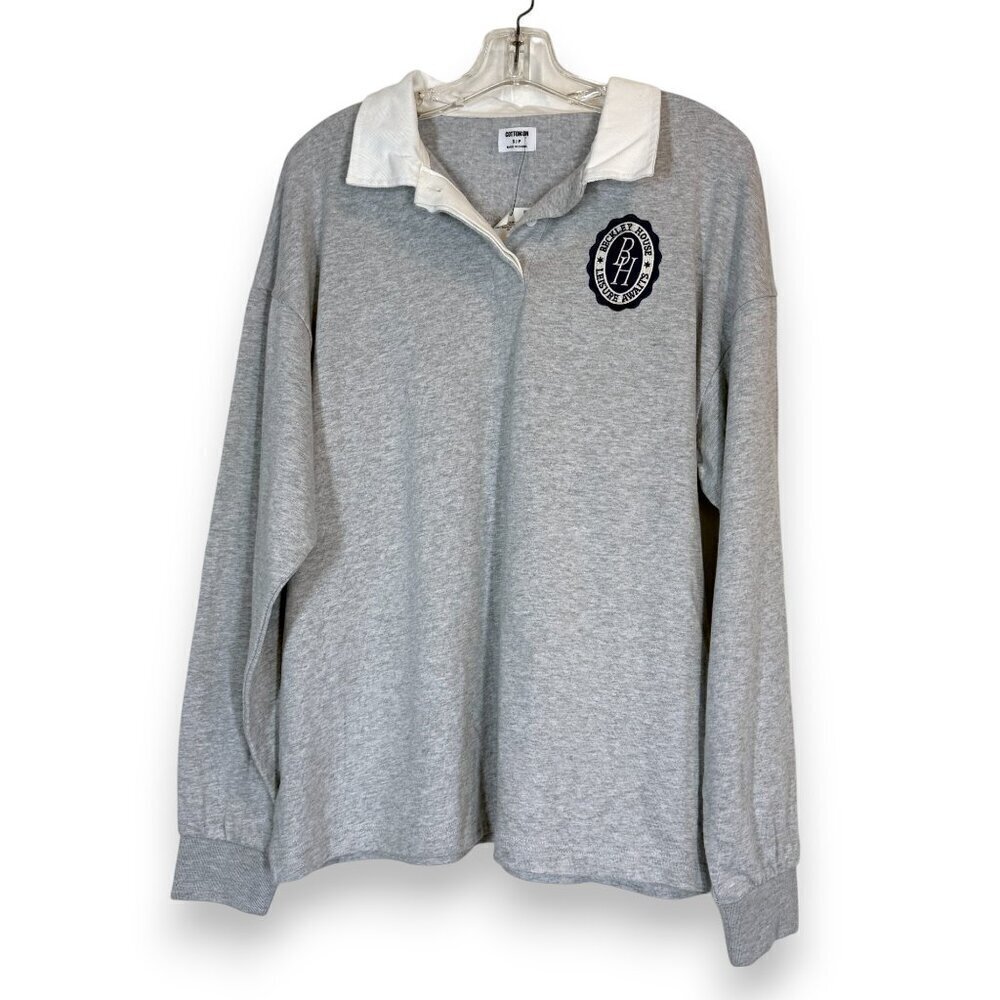 Rugby Polo Top Shirt Sweatshirt Oversized Gray White Academia Preppy - Picture 11 of 11